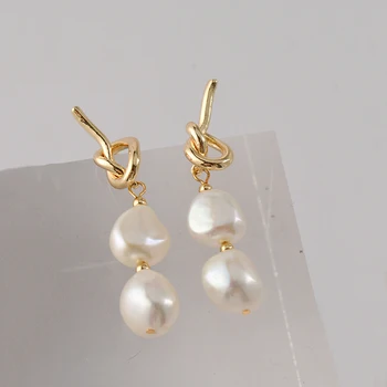 Peri'sBox 2 Natural Pearls Link Drop Earring Knotted Hollow Baroque Pearl Hanging Earrings Elegant Trendy Vintage Dangle Earring
