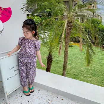 

Summer New Arrival Korean style plaid clothing sets short sleeve t-shirt with long pants casual suit for fashion baby girls