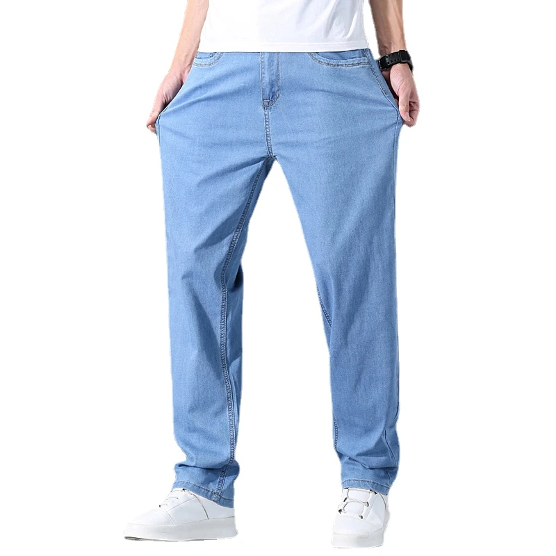 Men Loose Jeans Light Blue Thin Straight Fashion Ice Silk Cotton Elastic Comfortable Denim Pants Male Plus Size 40 42 44 Jeans Aliexpress