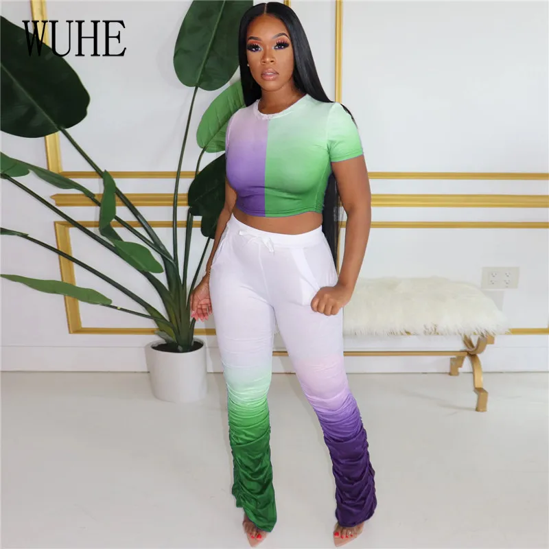

WUHE Summer Two Piece Set Sexy Gradient Color Short Crop Tops + Stacked Pants Skinny Casual Tracksuit Women Joggers Suit Sets