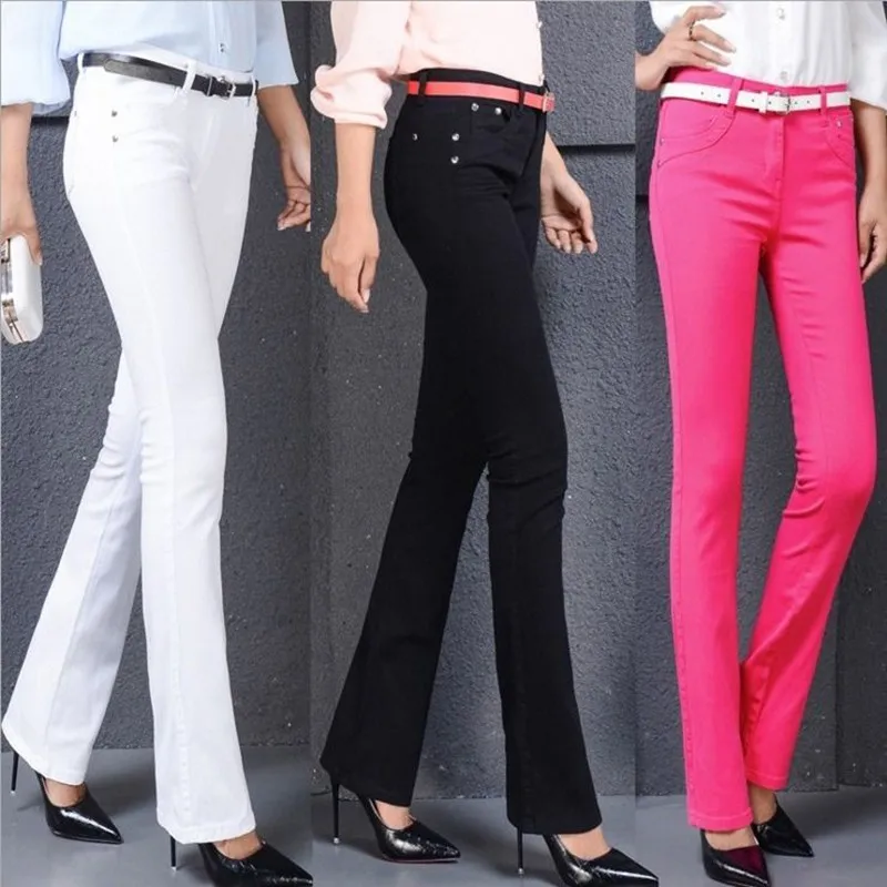 

Autumn Elastic Women Jeans Pants Candy Colored Mid Waist Mom Zipper Slim Female Flare Jean 2020 New Fashion Full Length Pant