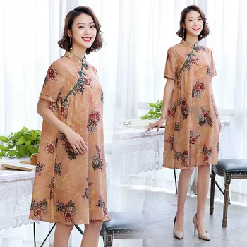 

Spring New China Wind Hit Color Stitching Improved Loose Cheongsam Long Oblique Card Long Sleeves Dress Print Qipao