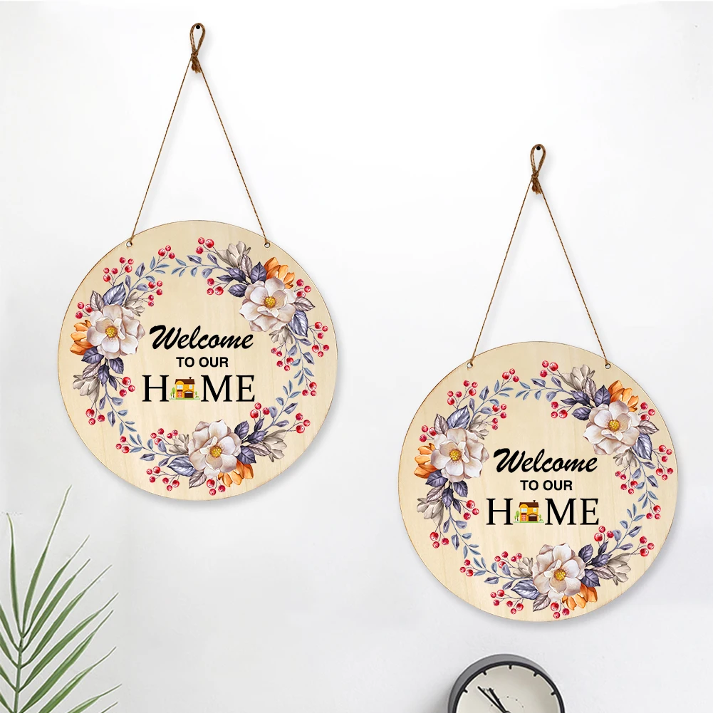 2021 Wooden Welcome Sign House Number European Retro Pendant Easily Round Door Hanging Double-sided Garden Plaque Home Art Decor