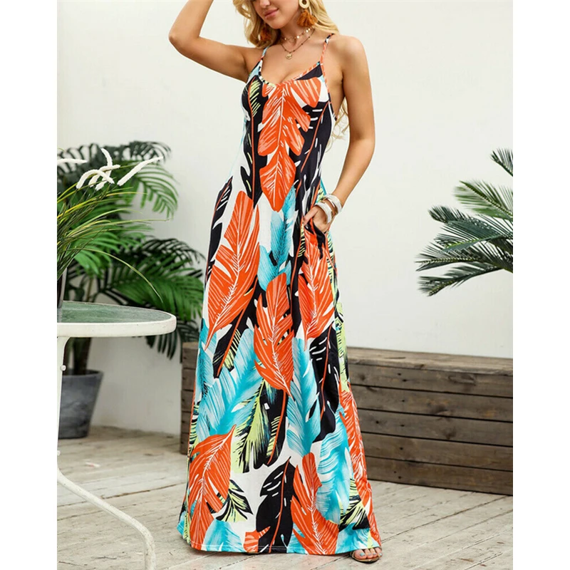 leaf printed spaghetti strap maxi dress