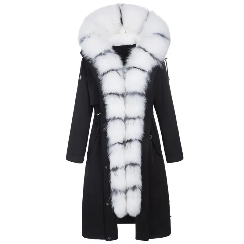 AYUNSUE, парка, пальто из натурального меха, зимняя куртка, Женская длинная куртка с кроличьим мехом, женские куртки с лисьим меховым воротником, теплое пальто MY4200 - Цвет: black-fox fur collar