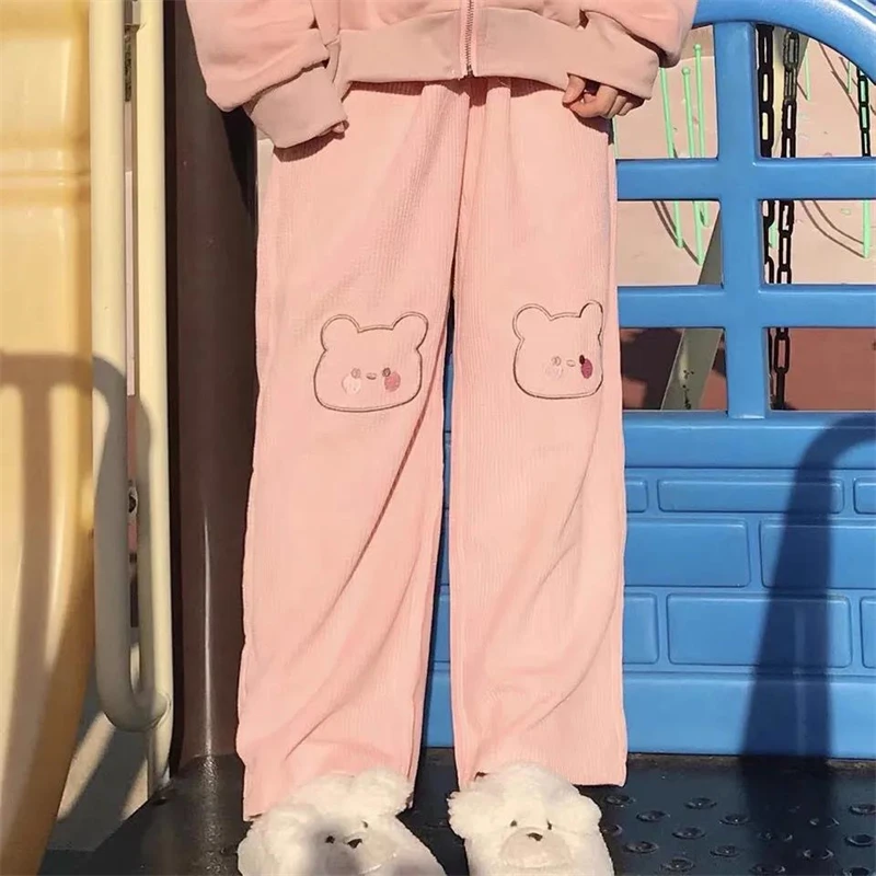 Harajuku Kawaii Corduroy Wide Leg Pants Lolita Soft Girl Pink Cartoon Korean Fashion Cute Trousers Female Oversize брюки женские женские кроссовки nike dunk low lx pink foam dv3054 600