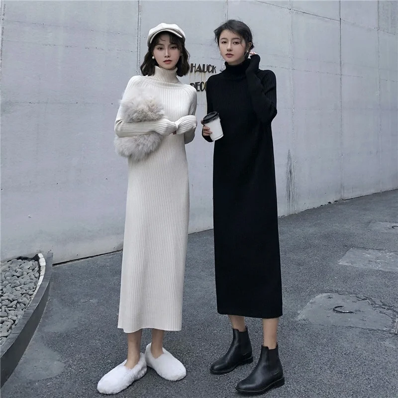 Harajuku женское платье свитер водолазка толстые длинные вязаные свободные вечерние