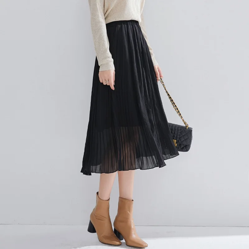 Романтические плиссированные юбки Осень Зима Новая Милая шифоновая элегантная юбка средней длины в японском стиле - Цвет: Black
