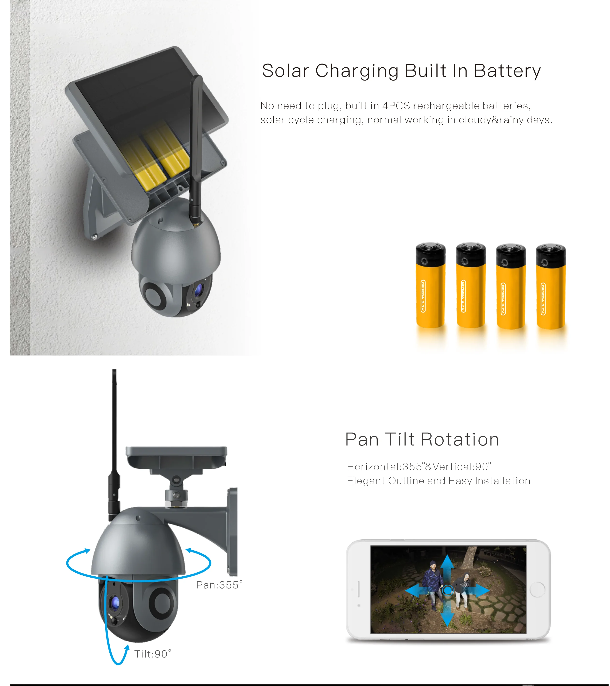 solar camera security outdoor wireless battery powered For corridor staircase apartment RV camera 2MP  1080P IR LED 355 degree