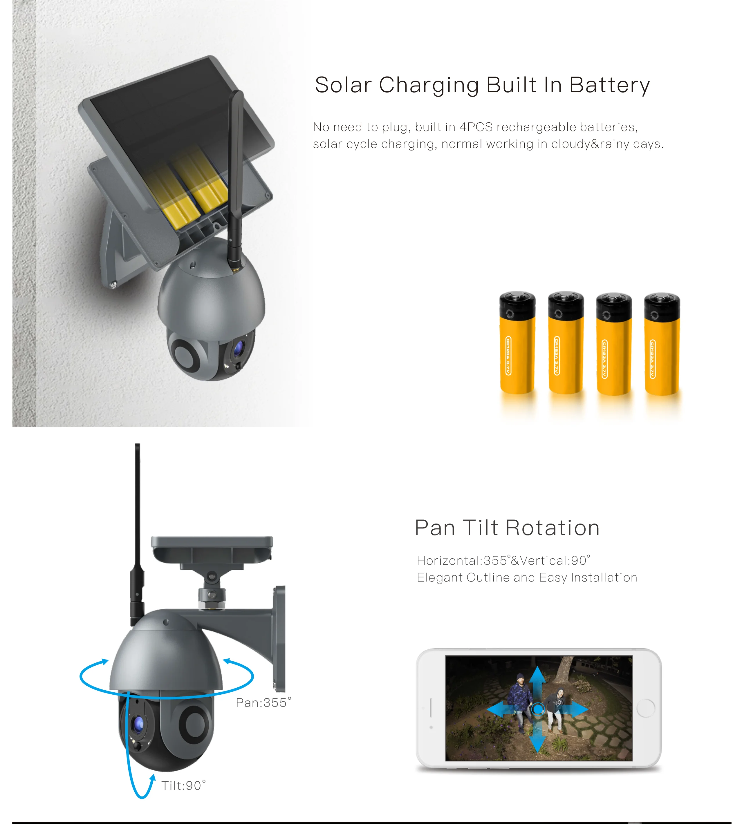 solar camera security outdoor wireless battery powered For corridor staircase apartment RV camera 2MP 1080P IR LED 355 degree