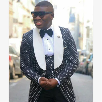 

New Men’s Suit Smolking Noivo Terno Slim Fit Easculino Evening Suits For Men Black Dot Jacket With White Lapel Wedding Groomsman