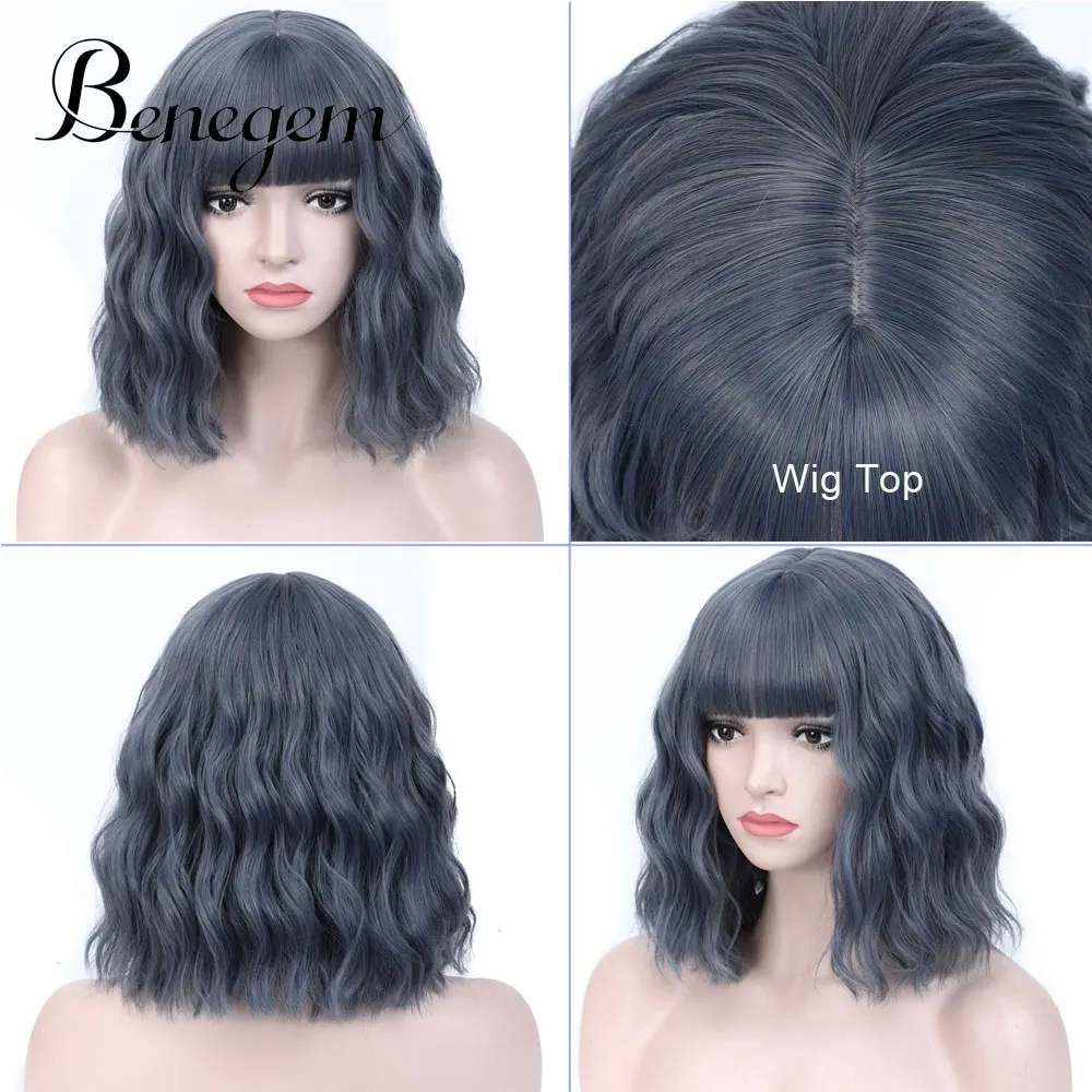 dark blue Benegem 12 дюймов черный волнистый кудрявый парик с челкой короткий Боб 30 см некружевной Синтетический Косплей Костюм вечерние парики для женщин - Цвет: dark blue