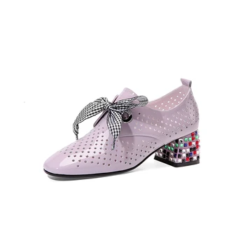 

Classic Hollow Genuine Leather Women Pumps 2019 Summer New Lace Up High Heels Round Toe Shoes Woman Casual Basic Shoes