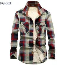 FGKKS мужская клетчатая рубашка с длинными рукавами Осень Зима Новая плюс бархатная Толстая теплая рубашка модная брендовая хлопковая Повседневная рубашка Топы