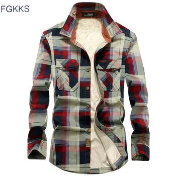 

FGKKS Men's Plaid Long-Sleeved Shirt Autumn Winter New Plus velvet Thick Warm Shirt Fashion Brand Cotton Casual Shirt Tops