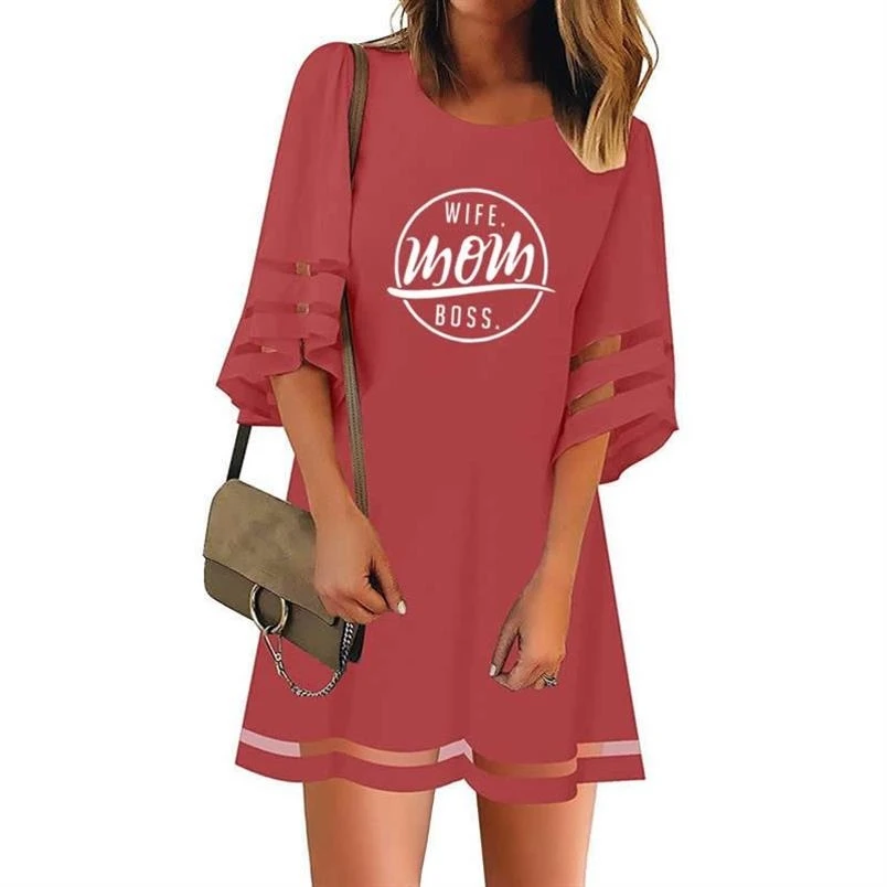 

2019 Clothing Women Maxi Dresses Mesh Stitching WIFE MOM BOSS Letters Dress Vadim Plus Size Print Dress