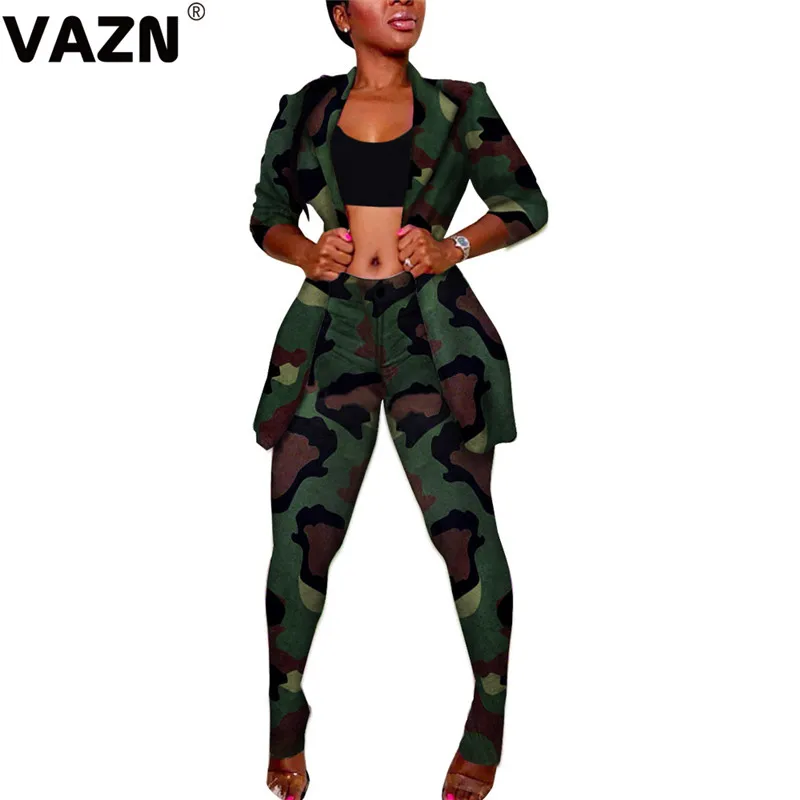 VAZN, осень, формальный, неопрятный, сексуальный, модный, 2 цвета, длинный рукав, Блейзер, топ, длинные штаны, для женщин, тонкий, комплект из 2 предметов - Цвет: camouflage