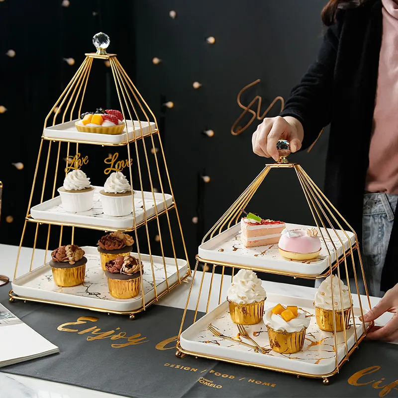 

European style light luxury double-layer three-layer fruit stand ceramic cake wedding display stand dessert table tray shelf