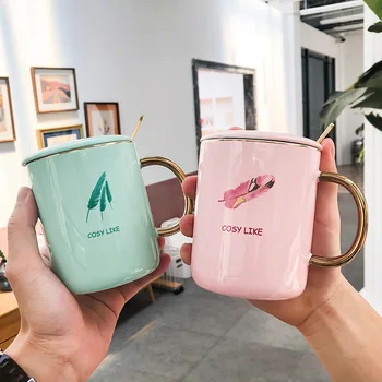 

Nordic Ins Light Luxury Feather Drawing Gold Ceramic Cup with Lid and Spoon Creative Mug Business Office Student Cup Coffee Mugs