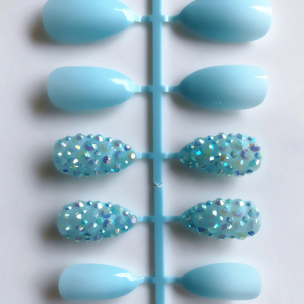 SKY BLUE Custom Full Rhinestones Decoration Sequins Stiletto Fake Nails Set Crystal Press On Nails Marvel Medium False Nails