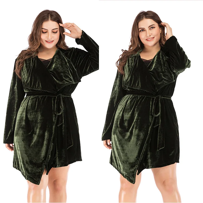 Осенне-зимняя куртка размера плюс для женщин, большие повседневные Свободные шерстяные длинные рукава, толстые бархатные длинные пальто с поясом зеленого цвета 4XL 5XL 6XL 7XL