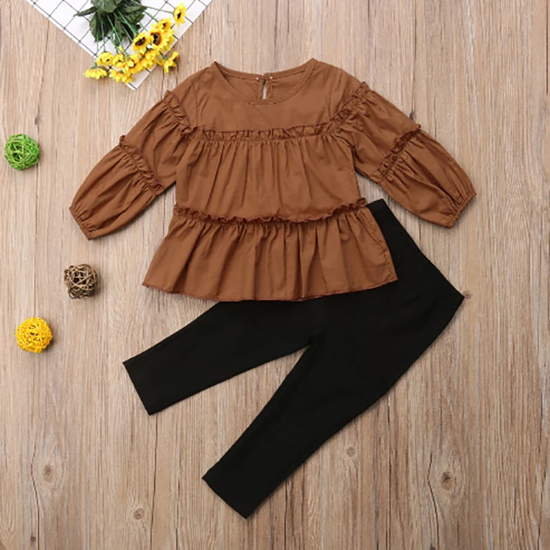 

Autumn Girls Clothing Sets Outfits Fashion Long Sleeve T shirt Solid Tops +Black Pants Clothes Children Set Toddler Kids 2pcs