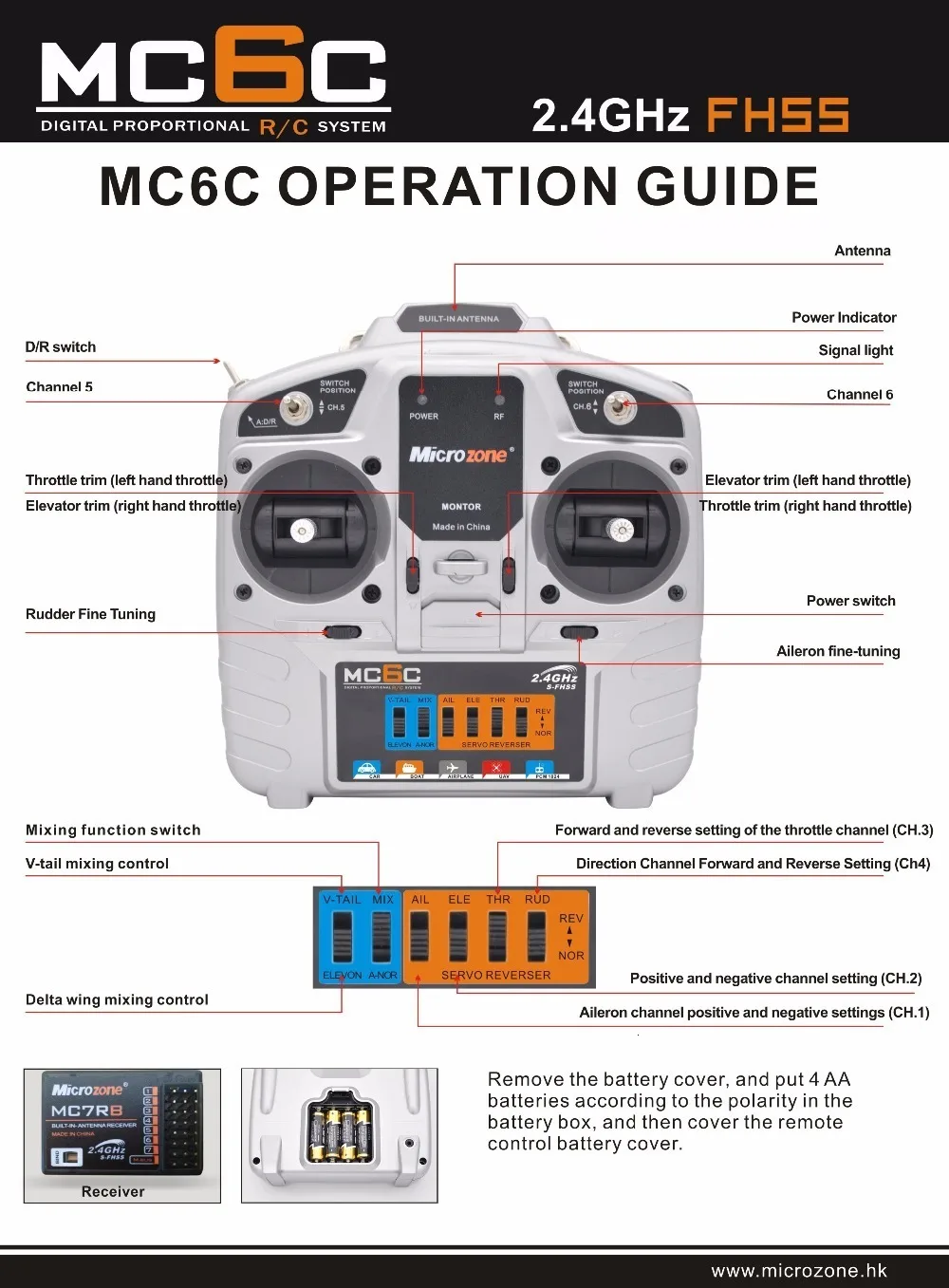 Microzone Mc6c 2,4g 6ch контроллер передатчик приемник радиосистема для радиоуправляемый самолет, Квадрокоптер Multirotor вертолет автомобиль Лодка