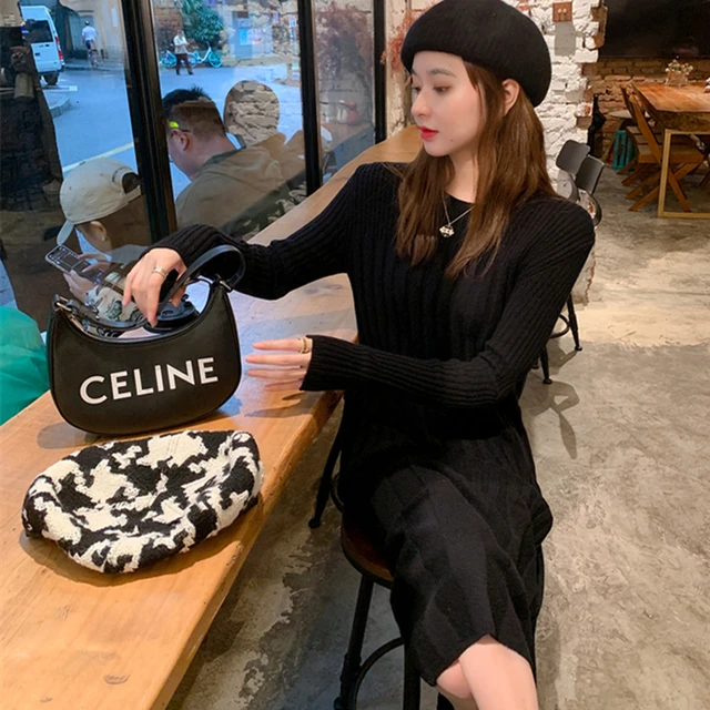 Autumn Winter O-neck Twisted Long Knit Dress Women Casual Loose Thick Sweater Dress Female Knitted Vestidos Black