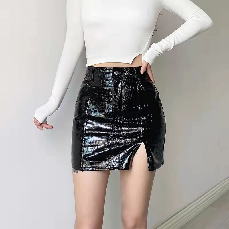 Minifalda negra con textura de charol para mujer, Falda corta sexy abertura hasta el muslo, de cintura alta - AliExpress