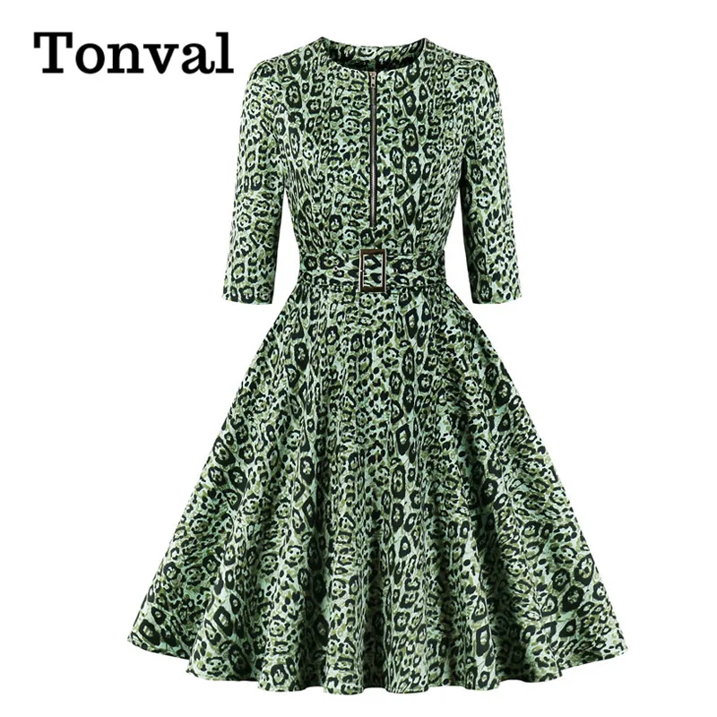 Tonval Zipper Front Leopard Print Rockabilly Elegant Women Vintage Dress 3/4 Length Sleeve Autumn Cotton Dresses with Belt Tonval Zipper Front Leopard Print Rockabilly Elegant Women Vintage Dress 3/4 Length Sleeve Autumn Cotton Dresses with Belt