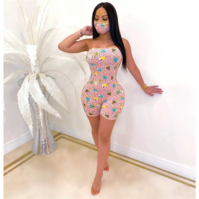Adogirl Women Jumpsuit Ice Cream Print Strapless Shorts Romper 2020 Summer Casual Overalls Jumpsuit Set
