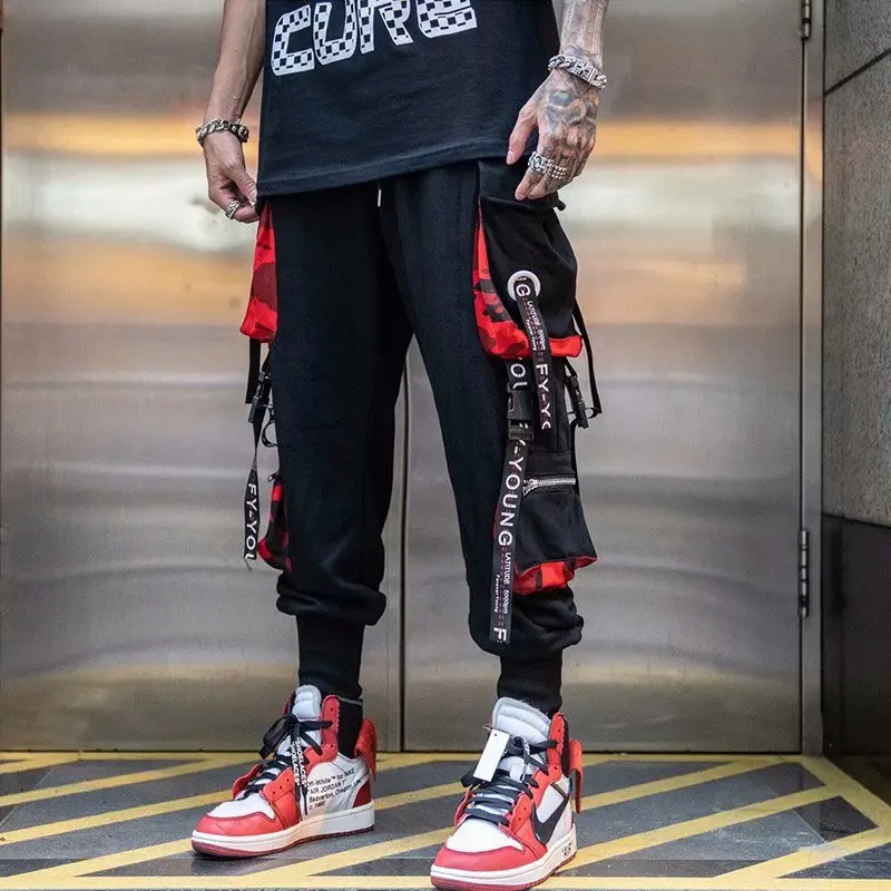 Hip Hop Joggers Men Letter Ribbons Cargo Pants Pockets Track Tactical Casual Techwear Male Trousers Sweatpants Sport Streetwear