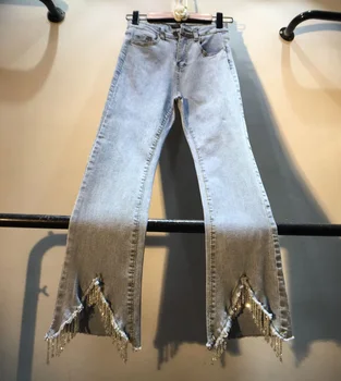 

Jeans for Women European Style Industrial Tassels Sewing Beads High Waist Slimming Elasticity Micro Trumpet Jeans Women's Pants