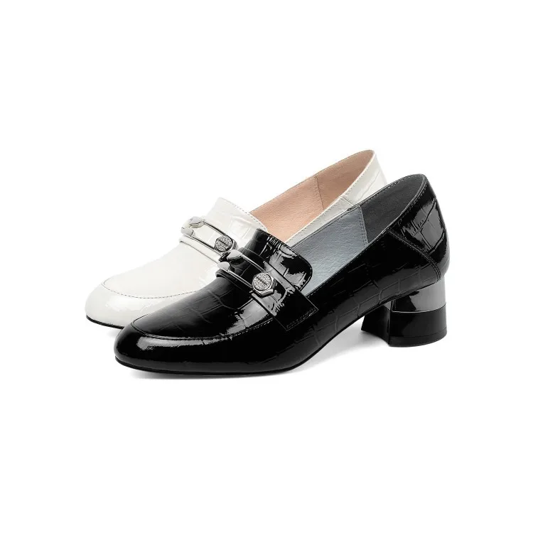 

Occident Fashion New Style round-Toe inside And Pure Leather WOMEN'S Shoes Foot Covering Low-Cut Metallic Decoration Chunky Semi