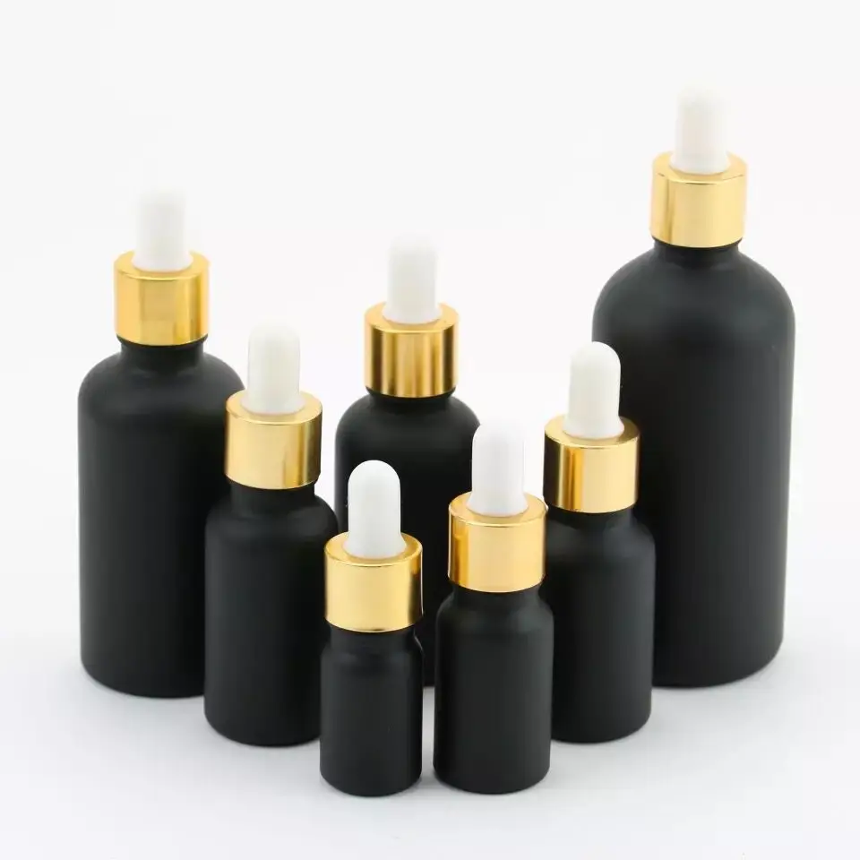 5pcs 5ml/10ml/15ml/20ml/30ml/50ml Black Frosted Glass Dropper Bottle Empty Cosmetic Packaging Container Essential Oil Bottles