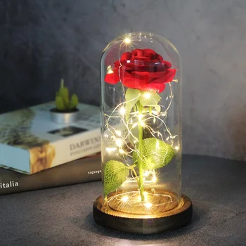 

Artificial Eternal Rose LED Light Beauty Glass Cover Christmas Home Decor For Mother Valentines Day New Year Gift Proposal Lamp