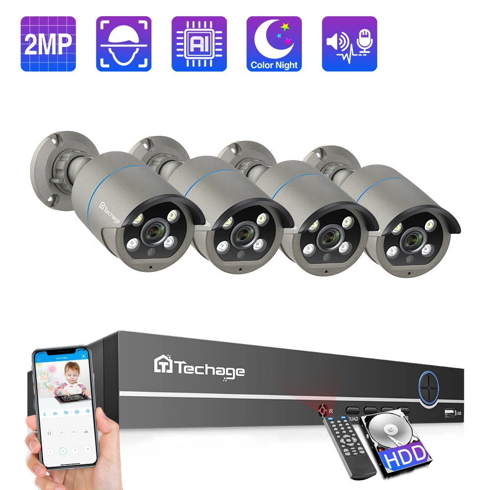 Techage 8CH 1080P POE IP Camera NVR System 4pcs 2MP Two Way Audio IR 