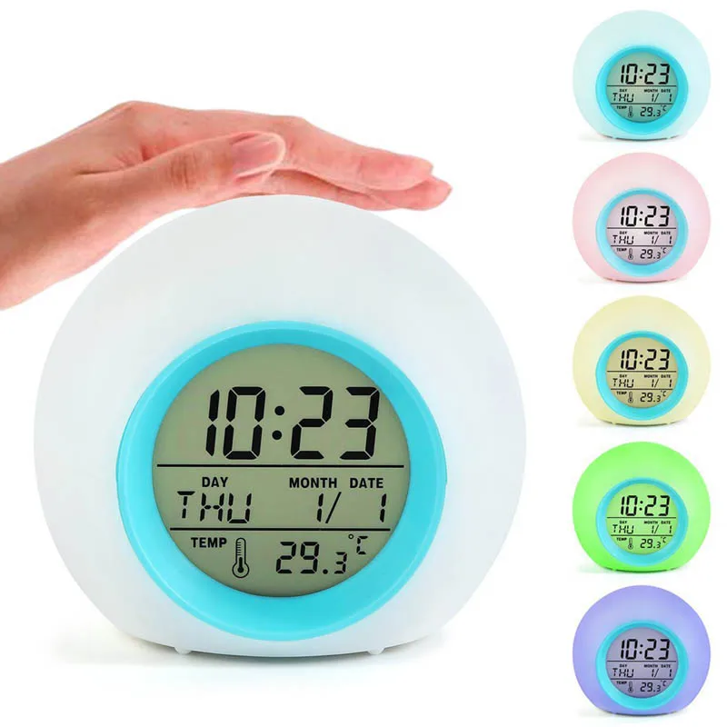 Child birthday present Creative round colorful alarm Warm clock Color night light alarm clock Bedside children alarm clock