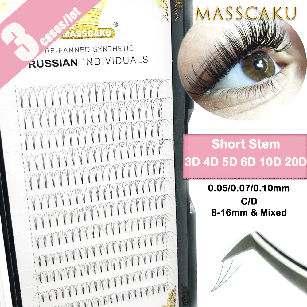 

MASSCAKU 3cases/lot premade volume fans Short Stem False Lashes Korea Silk Individual Eyelash Extension Handmade Natural Eyelash