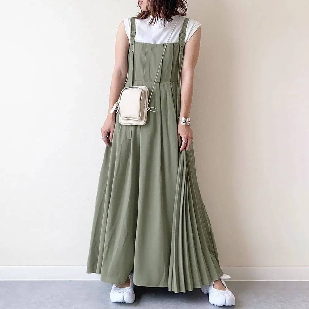 

Japanese Women Long Dress Waist Pleated Maxi Dresses Suspenders Solid Color Wild Suspender Female Sling Dress Pleated Patchwork