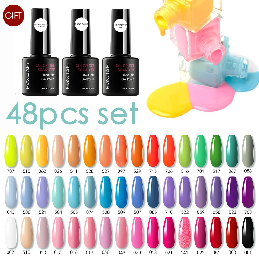 8ml Nail Polish 48pcs/set Pure Series Semi-permanent Varnish Soak Off UV Gel Nail Lacquer Base Top Coat Gel Nails Art Decoration