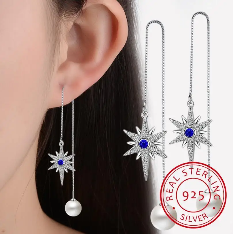 

925 Sterling Silver Micro AAA Zirconia Hexagram Star Long Tassel Earrings For Women Simulated Pearl Drop Earrings S-E289