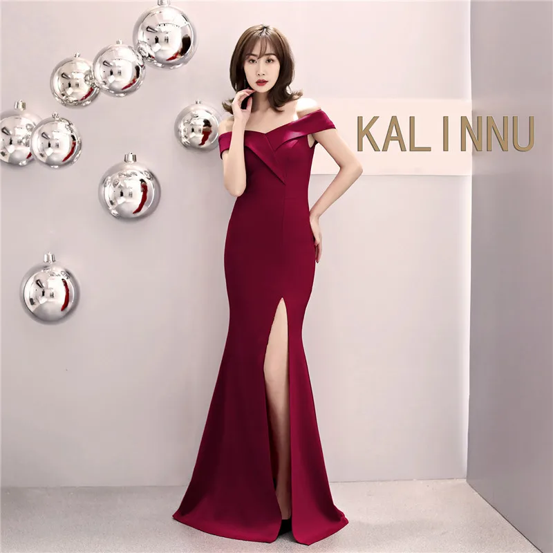 Skyyue Evening Dress Off The Shoulder Women Party Dresses Short Sleeve Robe De Soiree Sexy V-neck Split Formal Gowns C087 - Цвет: Burgundy