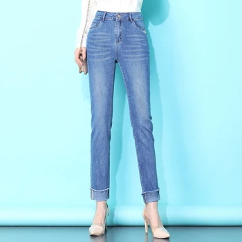 

High Waist Ankle-length Jeans Women Stonewashed Slim Fit Pencil Pants Female Spring Autumn Denim Straight Trousers Plus Size