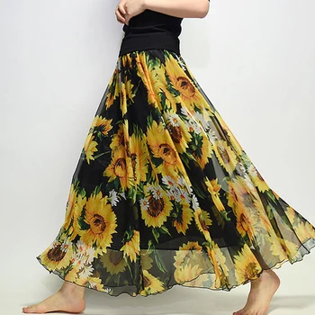 

Spring Summer New 2020 Women Chiffon Skirt Elegant Bohemian Vacation Beach Floral Print A-line Skirt Saia Faldas For Female