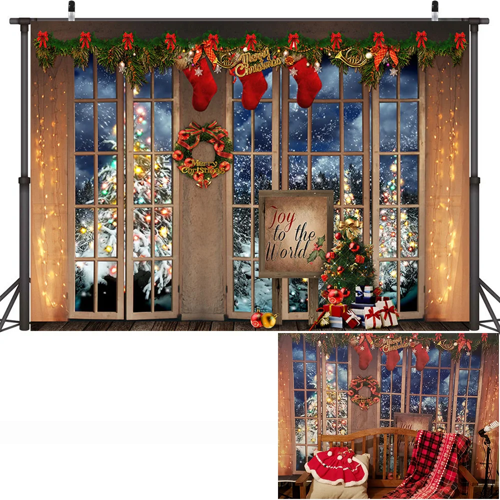 Christmas Window Backdrop Winter Snow Wonderland Birthday Portrait Background Curtain Wreath Christmas Tree Photography Props