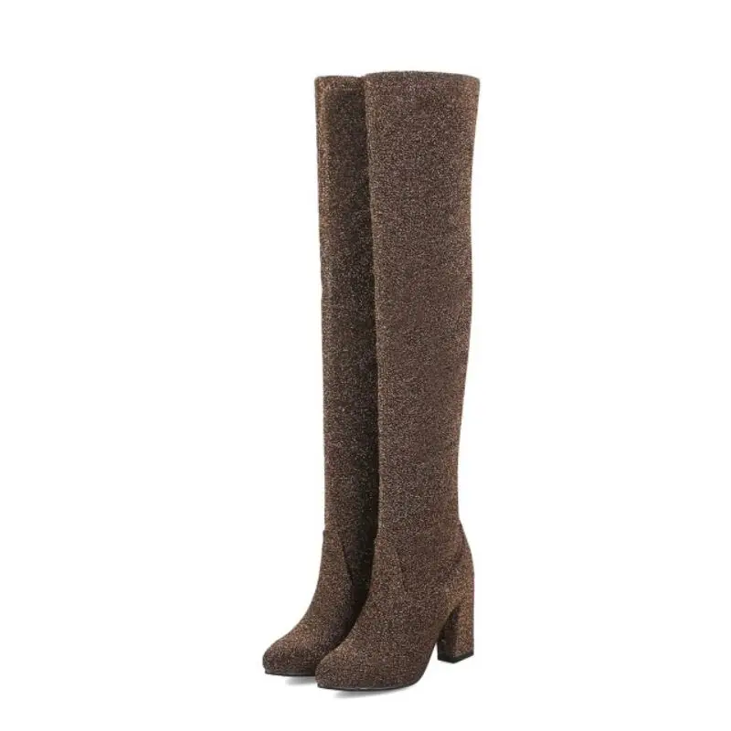 Коричневый Haoshen&Girl Women Over the Knee High Boots Sequi Special fabric Stretch boots High Heel Thin High Boots Winter Shoes Size 10.5 - Цвет: Коричневый