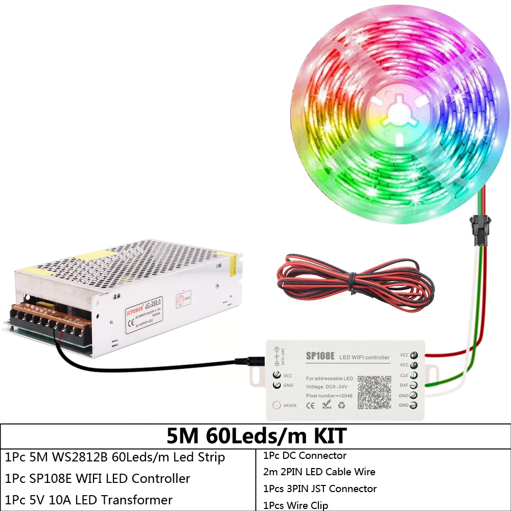 WS2812, Luz RGB, SP108E, WiFi, Controlador, DC 5V, Adaptador de Alimentação