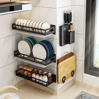 

Stainless Steel Kitchen Bathroom Shelf Wall Hanging Non-Punching Pot Cover Cutter Shelf Condiment Storage Rack Dish Drying Rack