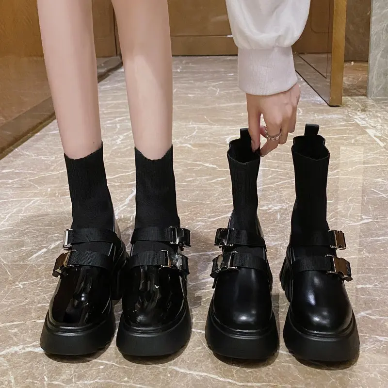 Dames Halfhoge Motorlaarzen Dubbele Metalen Gespen Gothic Lolita Booties  Dames Platte Platform Wedges Soklaarzen - AliExpress Schoenen